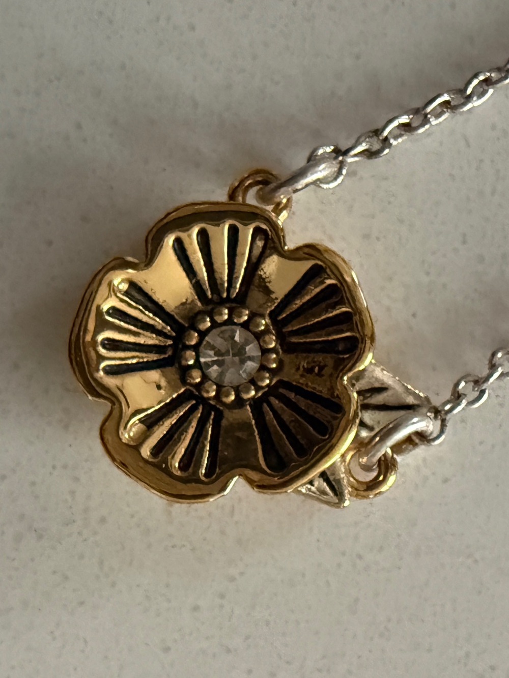 Coach Gold Floral Vintage Pendant Necklace with Clear Crystal Accent